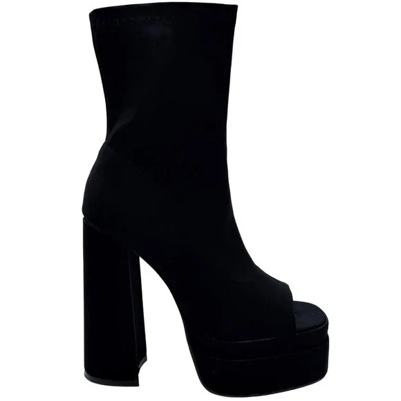 NIB Black Platform Open Toe Chunky Heel Lug Sole Casual Sexy Ankle Boots 10 - Picture 7 of 16
